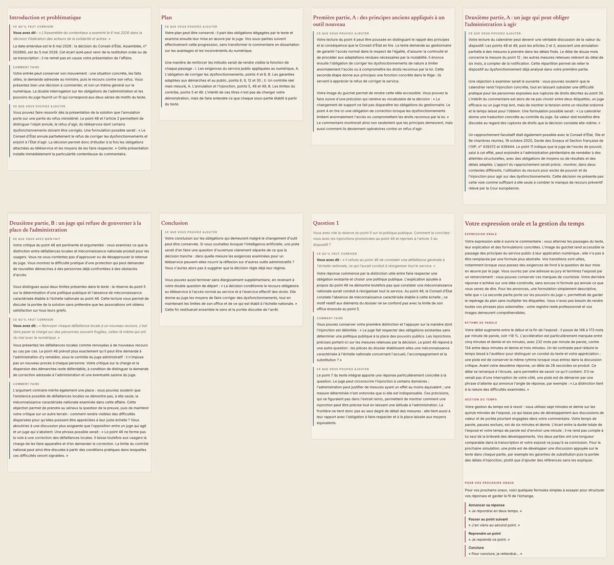Huit des onze parties du rapport de cette simulation, chacune sur sa page : introduction et problématique, plan, première partie A, deuxième partie A, deuxième partie B, conclusion, question 1, expression orale et gestion du temps.