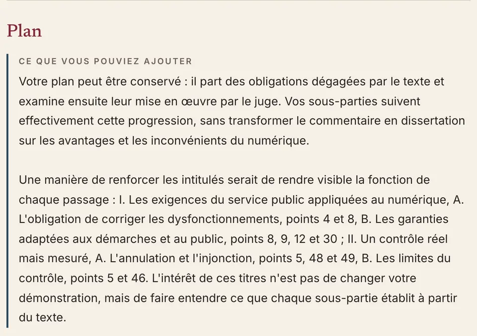 Extrait d’un rapport, partie « Plan » : le plan du candidat est conservé, et le rapport propose des intitulés renforcés, avec les parties I et II et leurs sous-parties A et B.