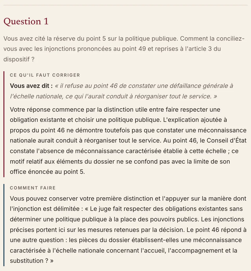 Extrait d’un rapport, « Question 1 » : la question du jury, une phrase du candidat citée dans « Vous avez dit » et corrigée dans « Ce qu’il faut corriger », puis « Comment faire » avec une formulation possible.