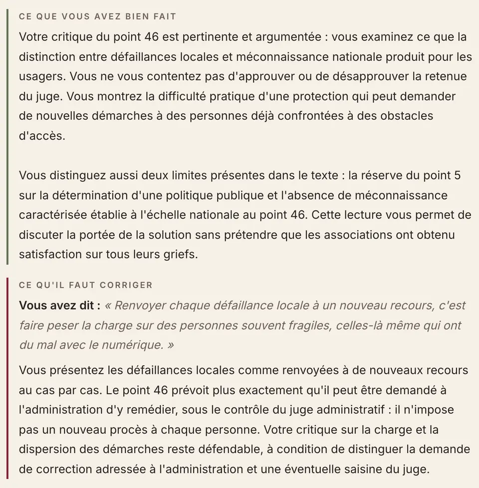 Extrait d’un rapport, partie « Deuxième partie, B » : la rubrique « Ce que vous avez bien fait », puis « Ce qu’il faut corriger », qui cite une phrase du candidat (« Vous avez dit ») et la corrige.